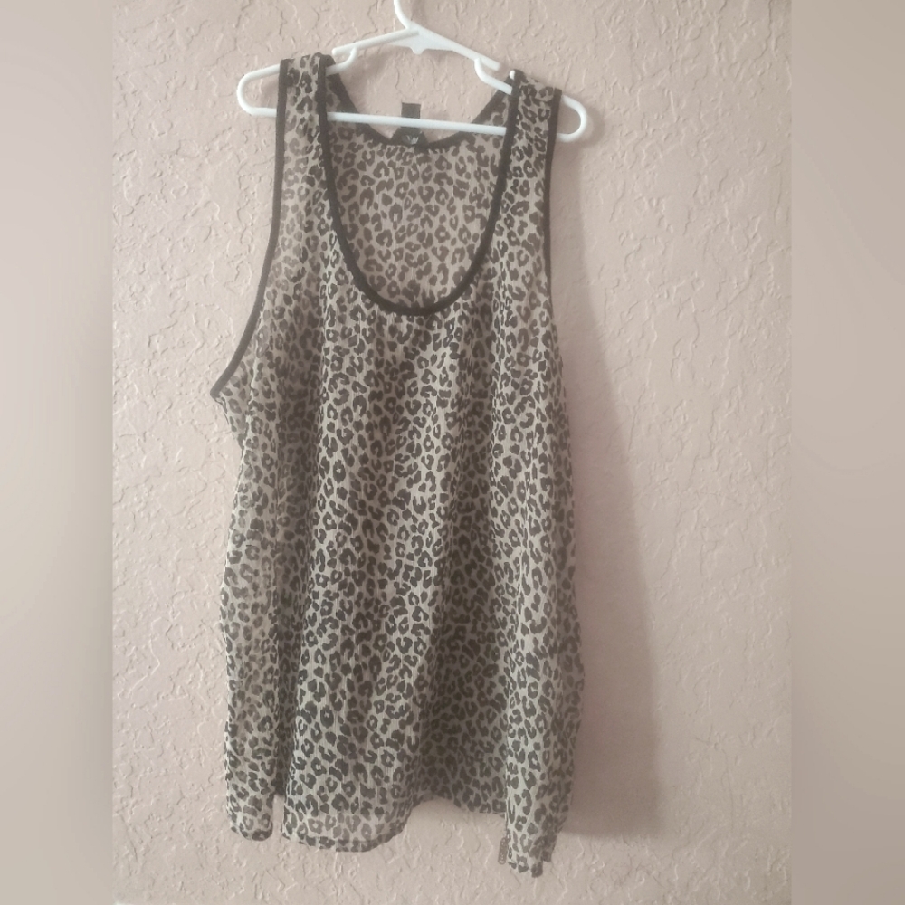 Guess sheer tank top size Women Large cream and black leopard print